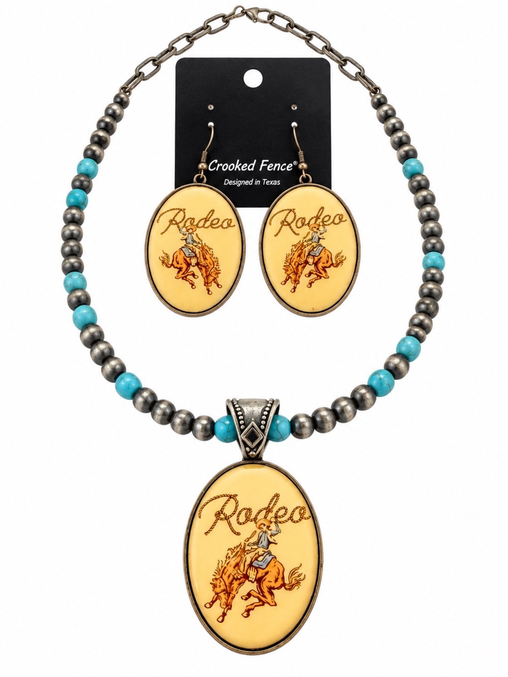 Turquoise colored & Cream 'Rodeo' Pendant Necklace & Earring Set